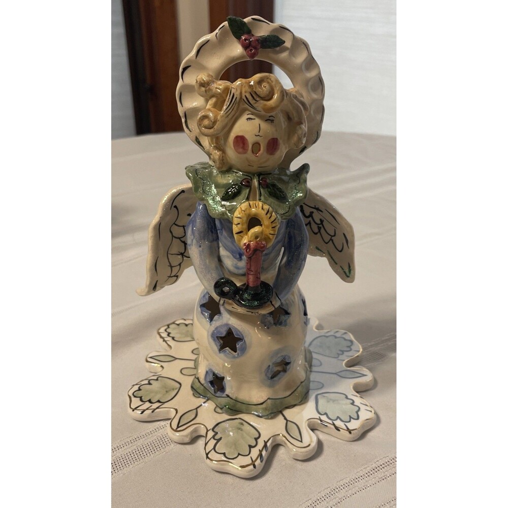 VTG 2002 Blue Sky Clayworks by Heather Goldminc Tealight Caroling Angel 9" tall